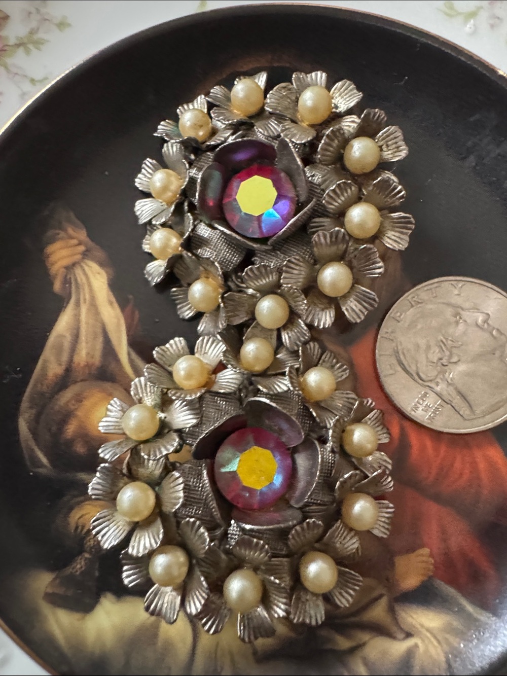 Vintage Silver-Tone Floral Earrings with Iridescent Center and Pearl Accents